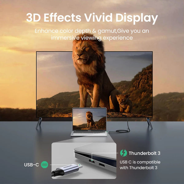 UGREEN USB C to HDMI adapter cable connected to laptop and TV